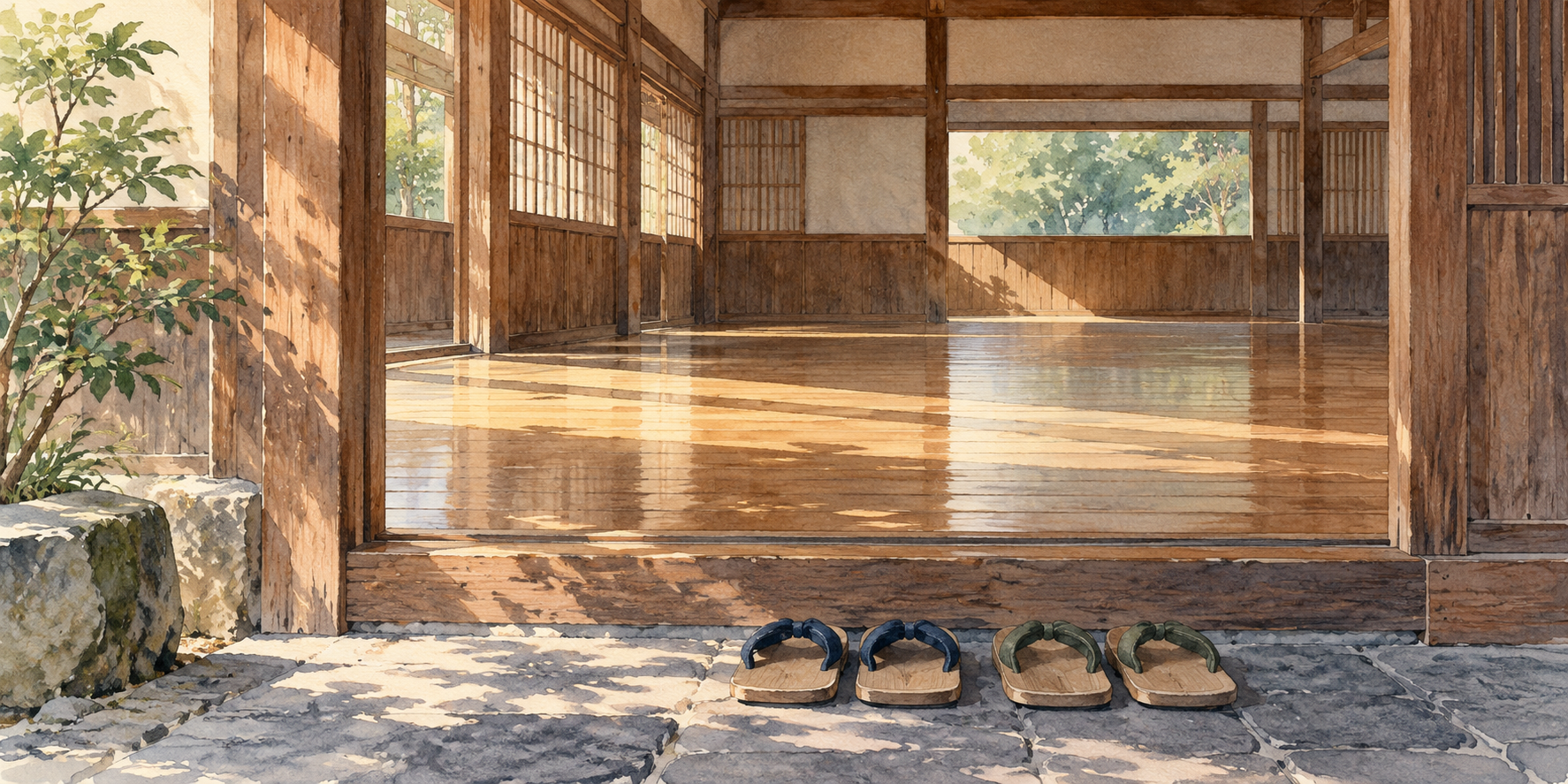 Morning light crosses an empty wooden hall, with two pairs of footwear neatly arranged at the entrance.