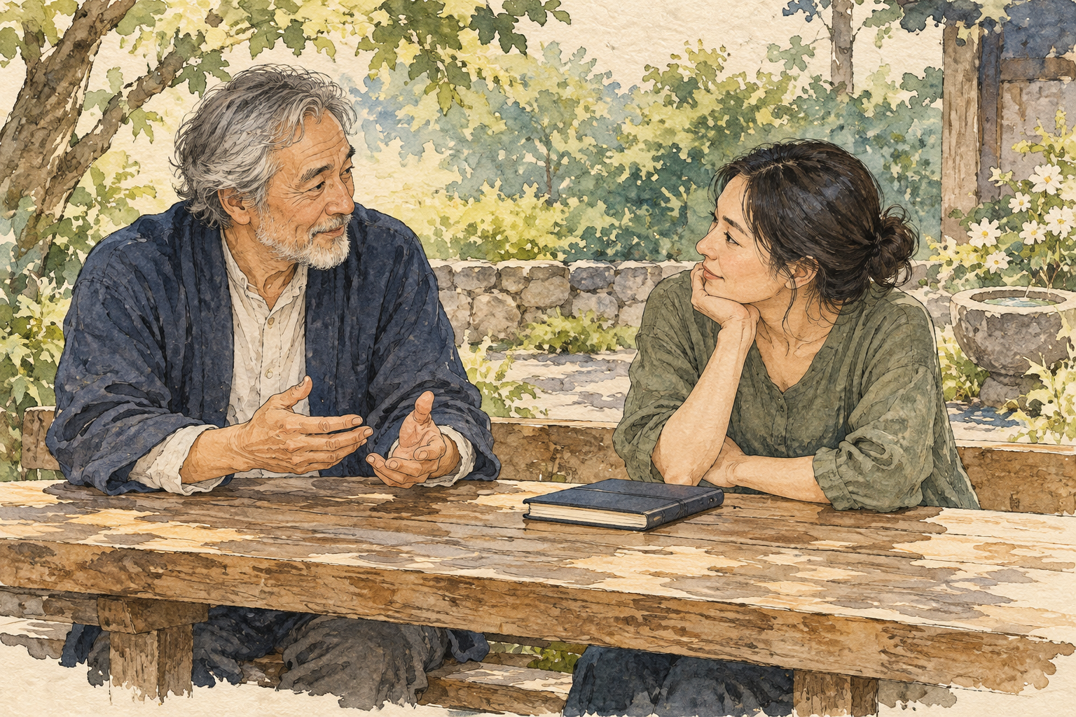 Two fictional adults converse attentively at a wooden table in a garden, with a closed notebook between them.