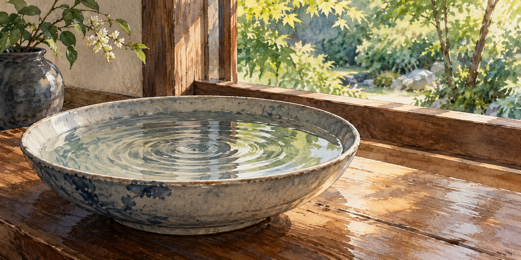 Gentle ripples spread across water in a shallow ceramic bowl beside a window overlooking a green garden.