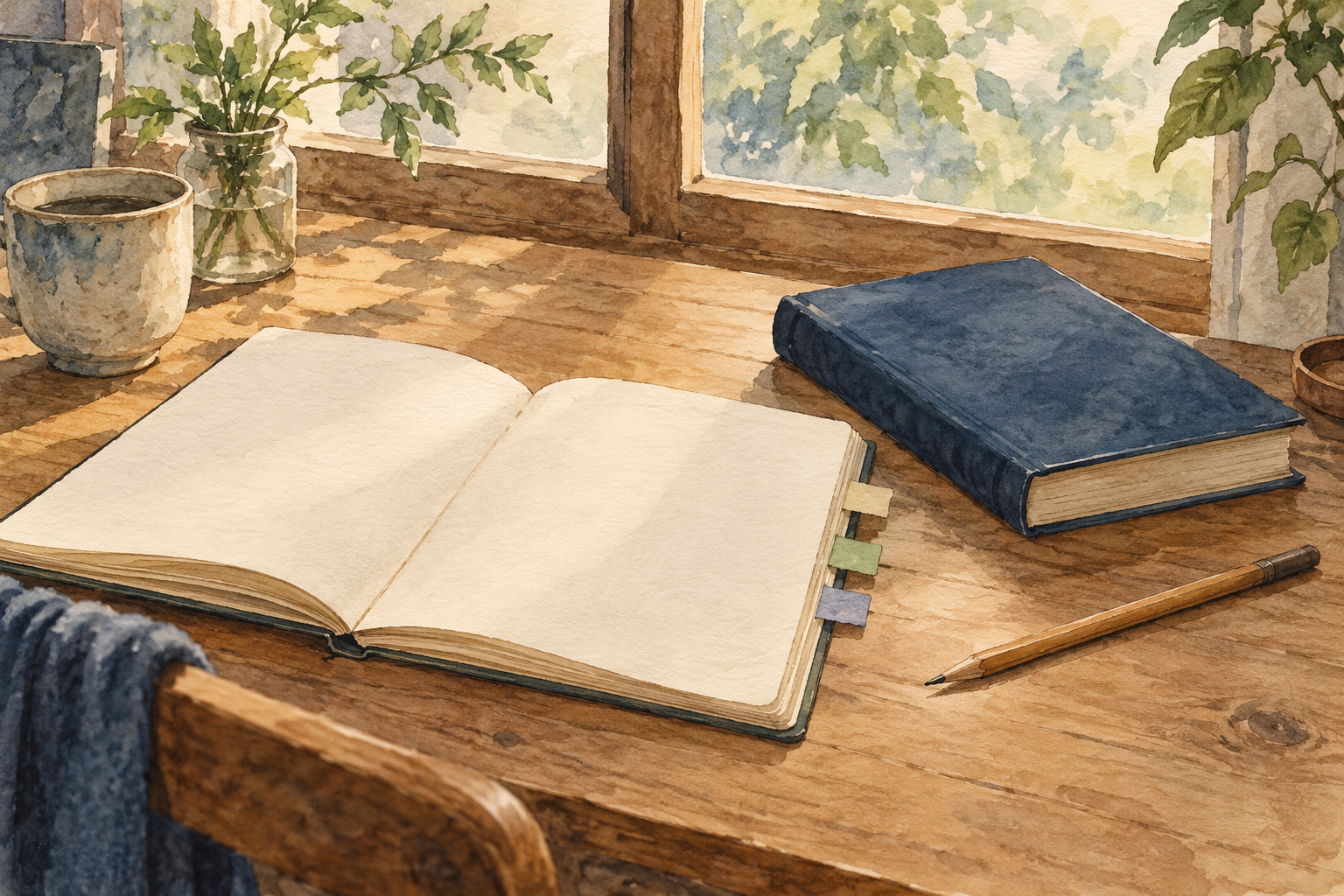 A blank open notebook with colored tabs, a closed blue book and a pencil rest on a sunlit wooden desk.