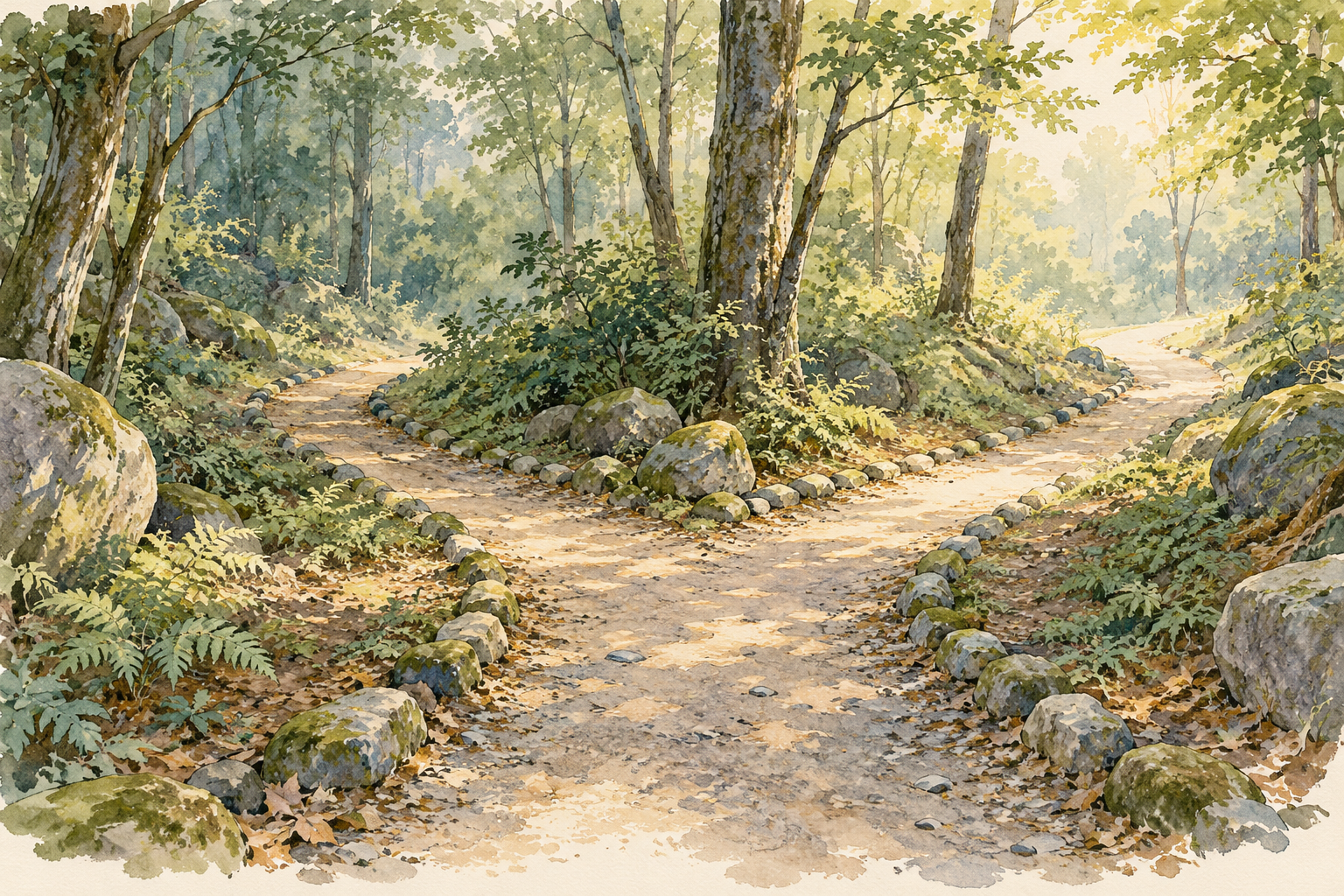 A stone-edged forest path divides into two sunlit trails among green trees.