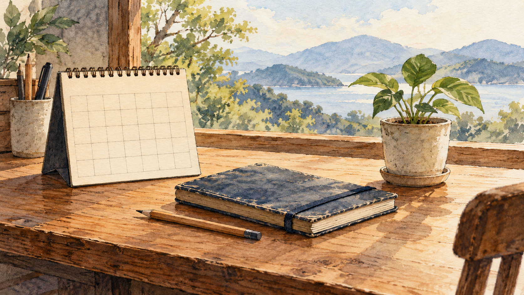 A calendar with an empty grid, a worn notebook, a pencil and a potted plant sit on a desk overlooking water and hills.