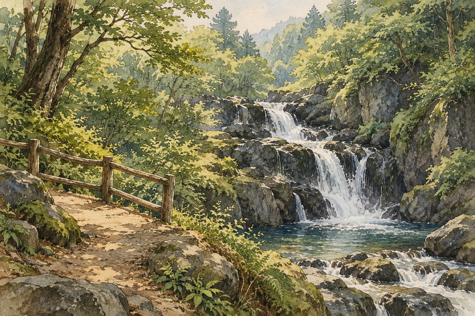 A small forest waterfall flows over rocks beside a dry path with a wooden railing.