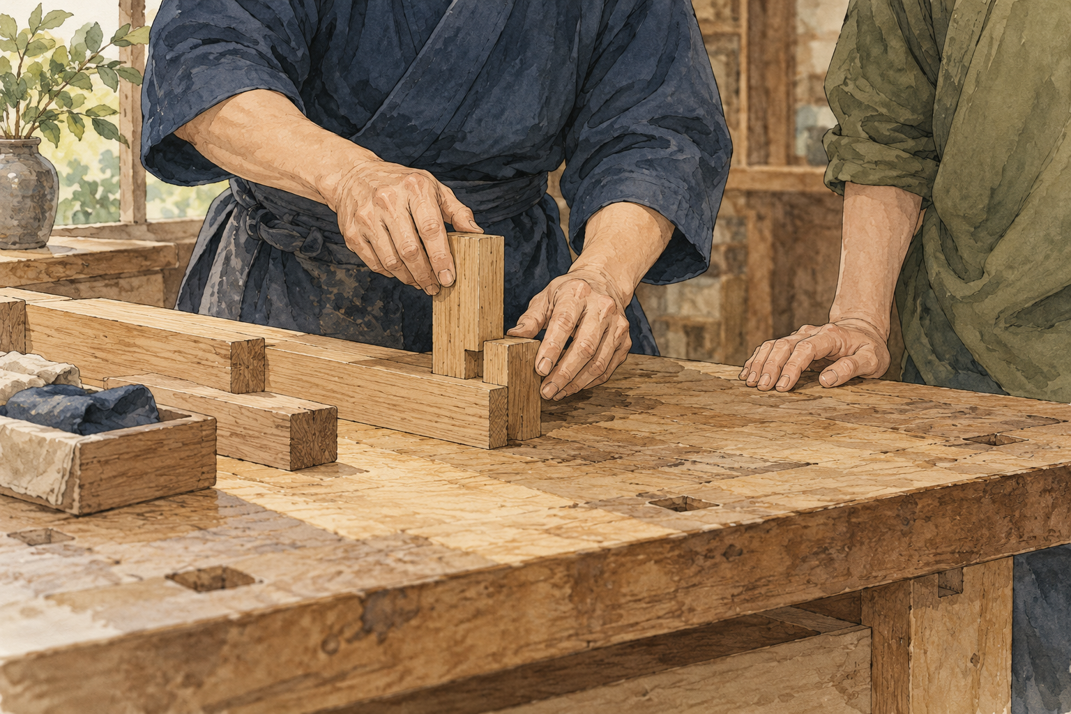 A craftsperson fits wooden pieces together at a workbench while another adult observes nearby.